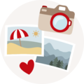 Illustration mit Kamera und Fotos von Urlaubsorten