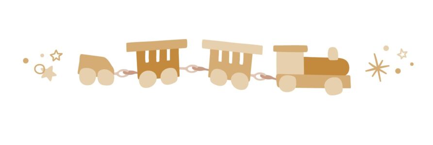  Ilusstration einer Holzlokomotive mit drei Wagen, umgeben von goldenen Sternen und Kreisen. 