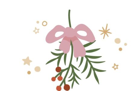  Illustration eines Mistelzweigs mit rosa Schleife und roten Beeren, umgeben von goldenen Sternen 